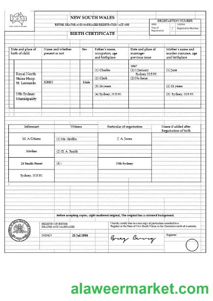 Australia New South Wales birth certificate template in Word format, version 1